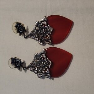 Red stone and silver pierced earrings